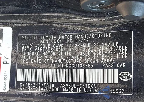 2012 Toyota Camry Xle from USA, damaged, VIN 4T1BF1FKXCU136795